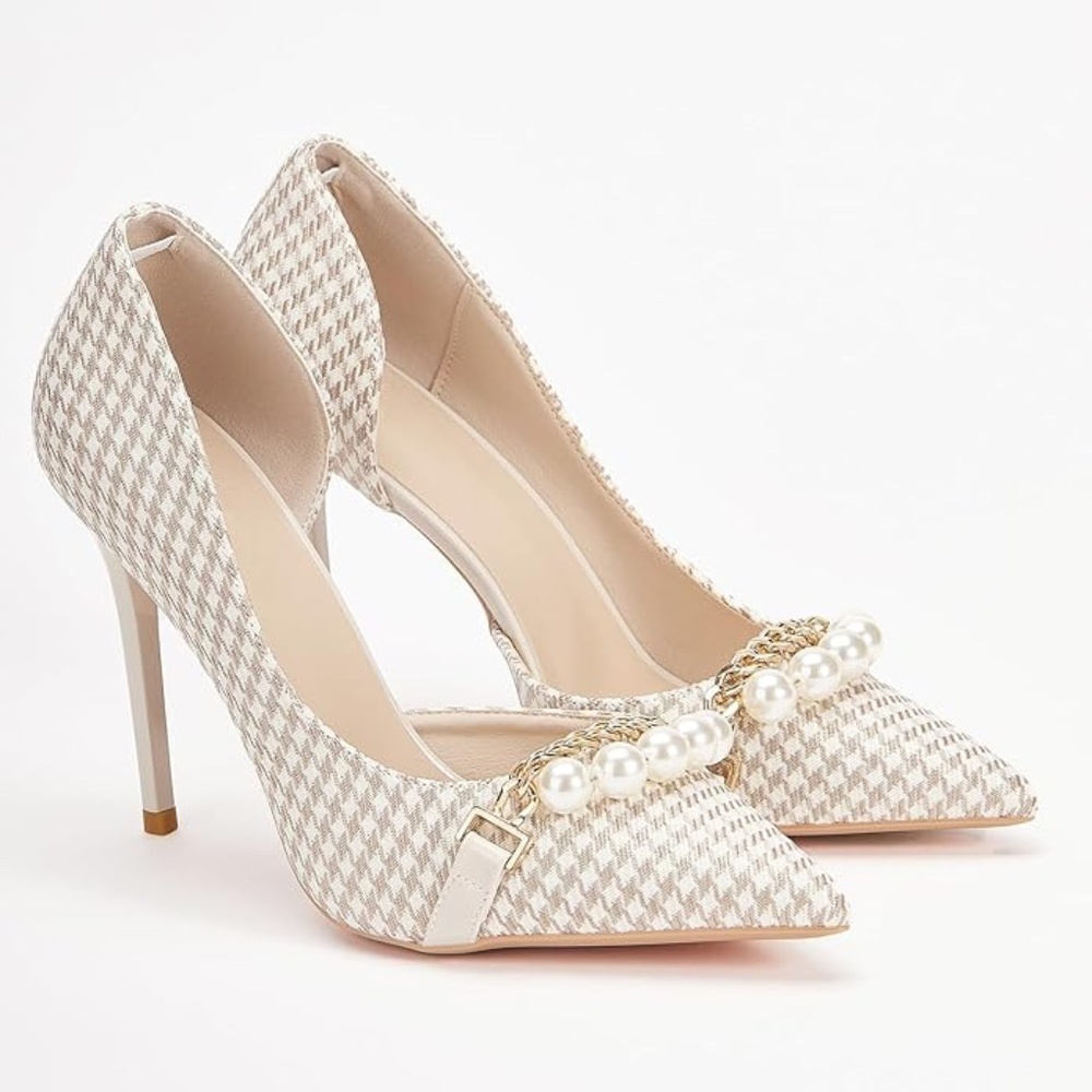 NEW Houndstooth Pattern Pump High Heels with Pearl Chain Accent Women's Size 43